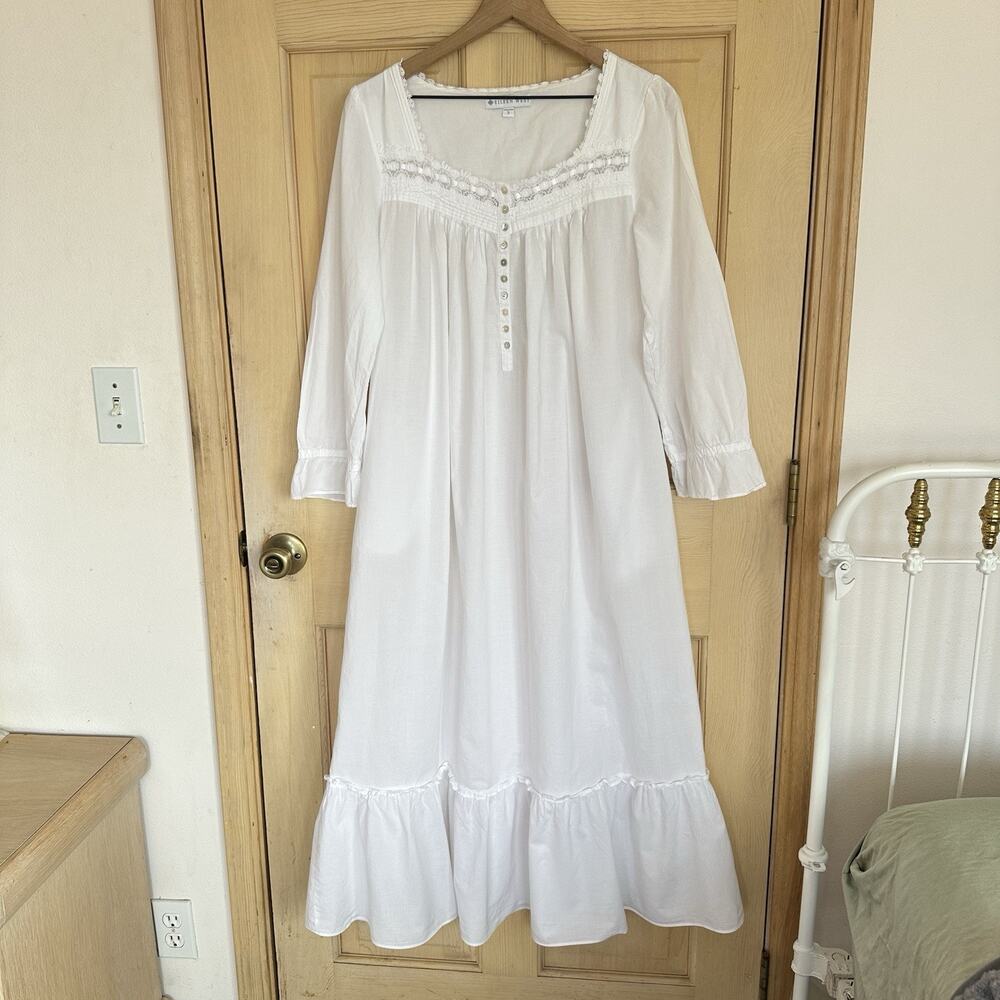 Eileen West 100% Cotton EMBROIDERED Long Ballet Nightgown S White Cottage Whimsy